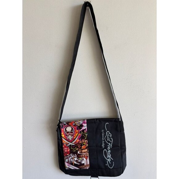 Ed Hardy Death Before Dishonor Tote Bag Crossbody with Handle Pockets Black - Picture 1 of 9